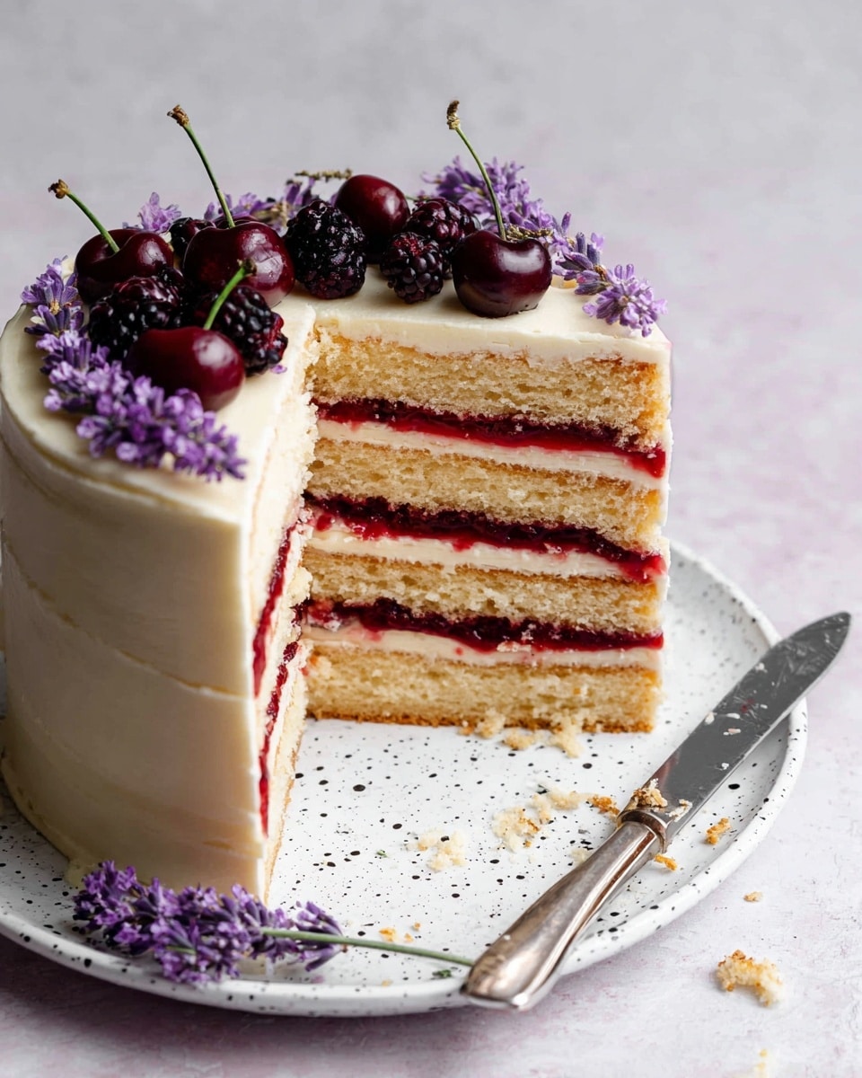 A four-layer vanilla cake with smooth, light cream frosting covers the outside and tops all layers. Between each cake layer is a bright red jam filling that adds a vivid contrast. The top of the cake is decorated with dark red cherries, blackberries, and sprigs of purple lavender flowers placed mainly on one side. The cake sits on a white plate with small black speckles, placed on a white marbled textured surface. A knife with some crumbs rests next to the plate. Photo taken with an iphone --ar 4:5 --v 7