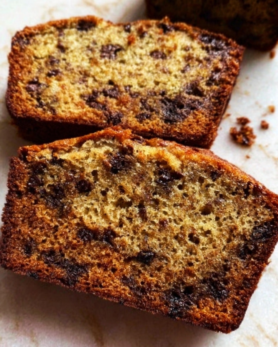 The image shows two slices of golden-brown banana bread with a moist texture and visible dark chocolate chips scattered throughout. The top crust is slightly darker and crispy, creating a nice contrast against the soft inside. The banana bread slices rest on a white marbled surface with a warm, inviting look. Photo taken with an iphone --ar 4:5 --v 7