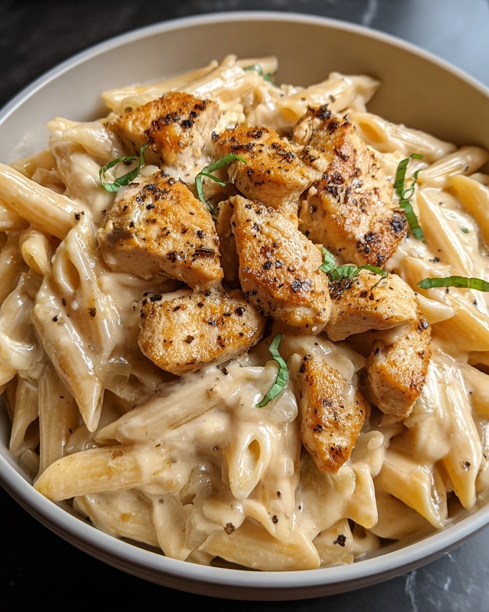 A bowl of creamy chicken pasta featuring three visible layers: the bottom layer is white penne pasta coated in a smooth, light beige cream sauce with a glossy texture; the middle layer consists of golden-brown seared chicken chunks scattered unevenly on top with a slightly crispy appearance and seasoned with black pepper; small pieces of fresh green herb leaves are sprinkled lightly across the dish, adding a subtle contrast; the pasta and chicken sit inside a plain white bowl, placed on a white marbled surface. photo taken with an iphone --ar 4:5 --v 7