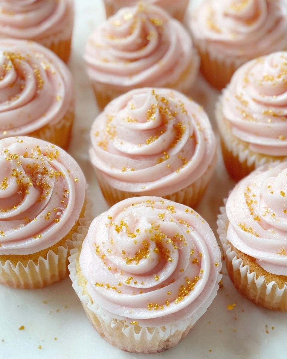 A close-up view of twelve cupcakes arranged closely together on a white marbled surface, each cupcake in a white ridged paper liner. Each cupcake has a single thick swirl of pale pink frosting atop light golden vanilla cake, with glossy golden sugar crystals sprinkled evenly over the frosting. The frosting is smooth with a soft creamy texture, forming two visible spiral layers with a small peak in the center. The overall look is neat, fresh, and inviting, with a gentle pastel and sparkling golden color contrast. photo taken with an iphone --ar 4:5 --v 7