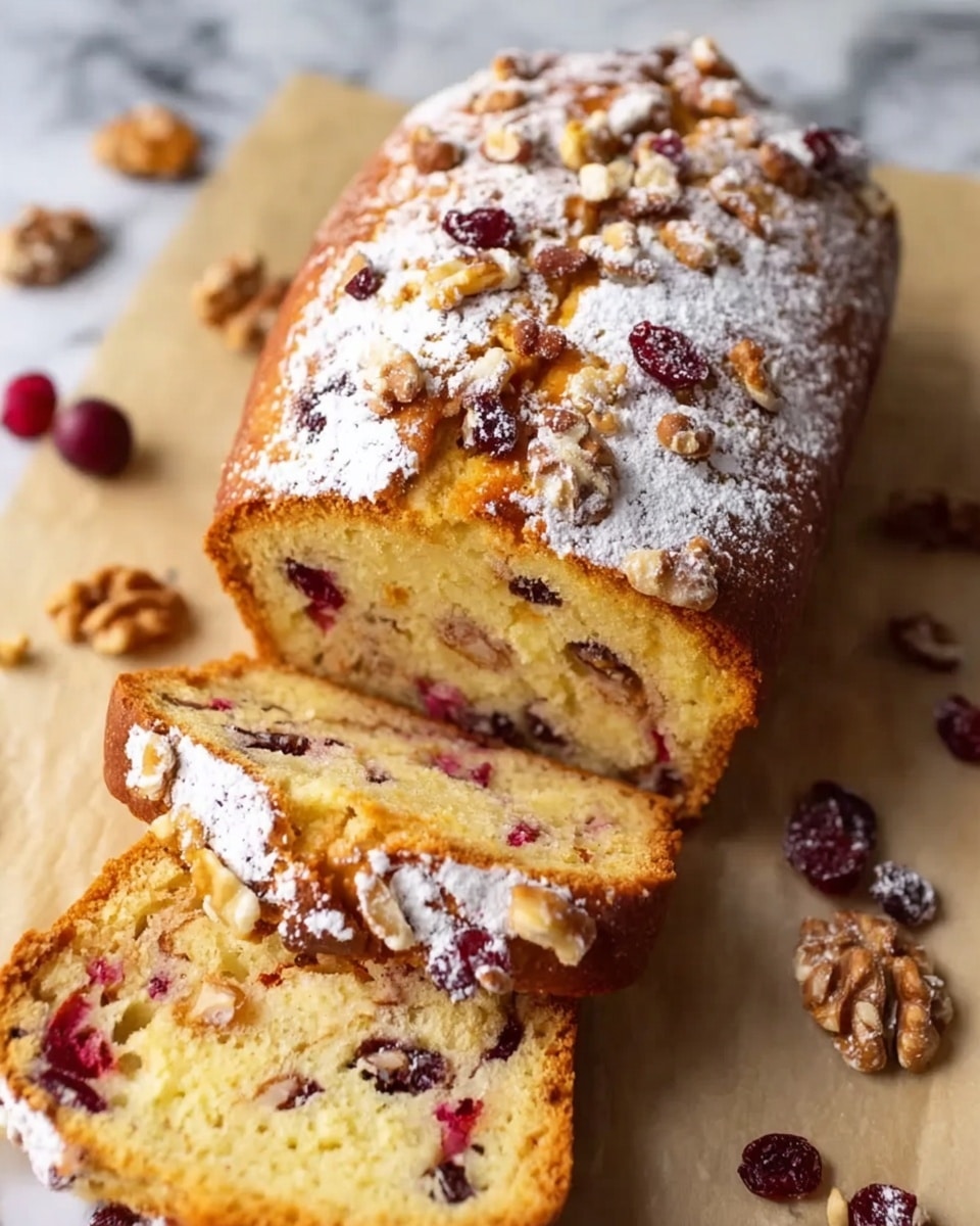 A loaf of golden brown bread is shown with a cracked top sprinkled with white powdered sugar and pieces of walnut. Inside the bread, soft light yellow dough is visible, dotted with dark red cranberries and bits of walnut, creating a textured pattern. The loaf sits on a crinkled light beige paper that is spread over a white marbled surface. Pieces of cranberries and walnut halves are scattered around the bread, adding to the natural and fresh look. Photo taken with an iphone --ar 4:5 --v 7