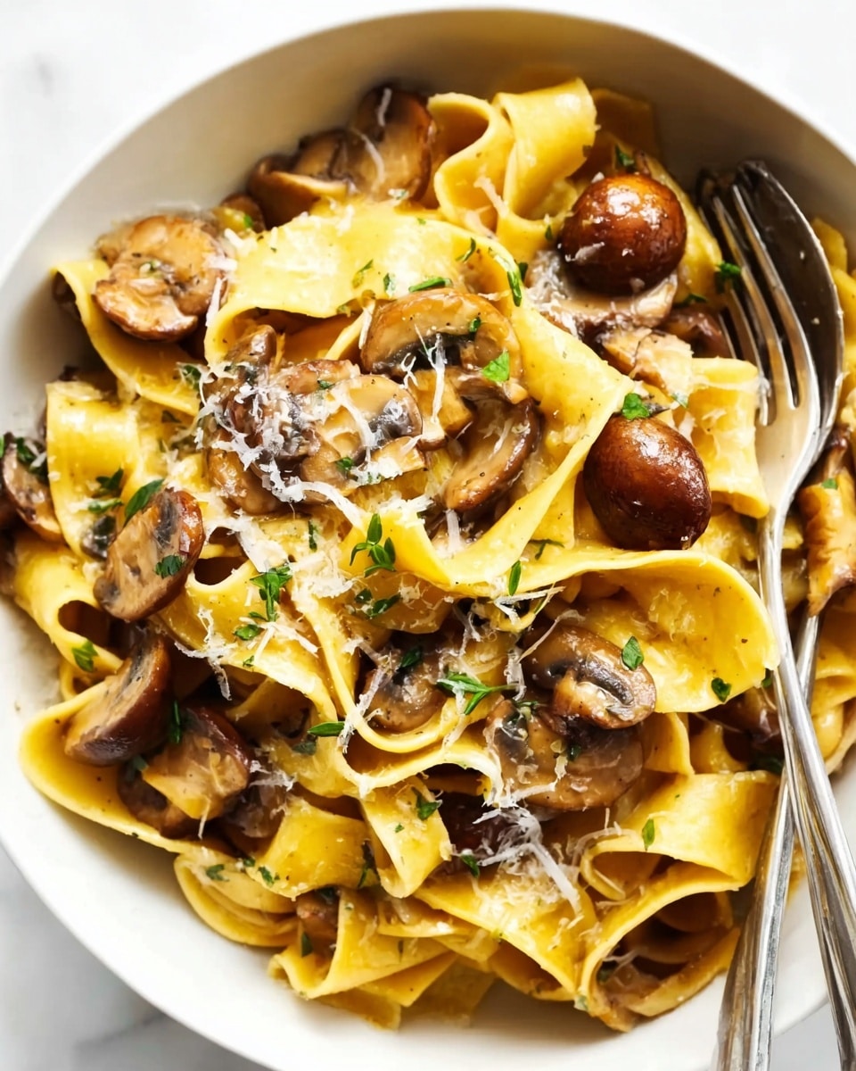 The image shows a white bowl filled with wide, flat pasta ribbons that are golden yellow in color, layered with chunks of browned mushrooms scattered evenly on top. The pasta looks soft and slightly curled, with a light sprinkle of grated cheese and small green herb leaves visible throughout. A silver fork rests on the side of the bowl, and the bowl is placed on a white marbled surface. Photo taken with an iphone --ar 4:5 --v 7