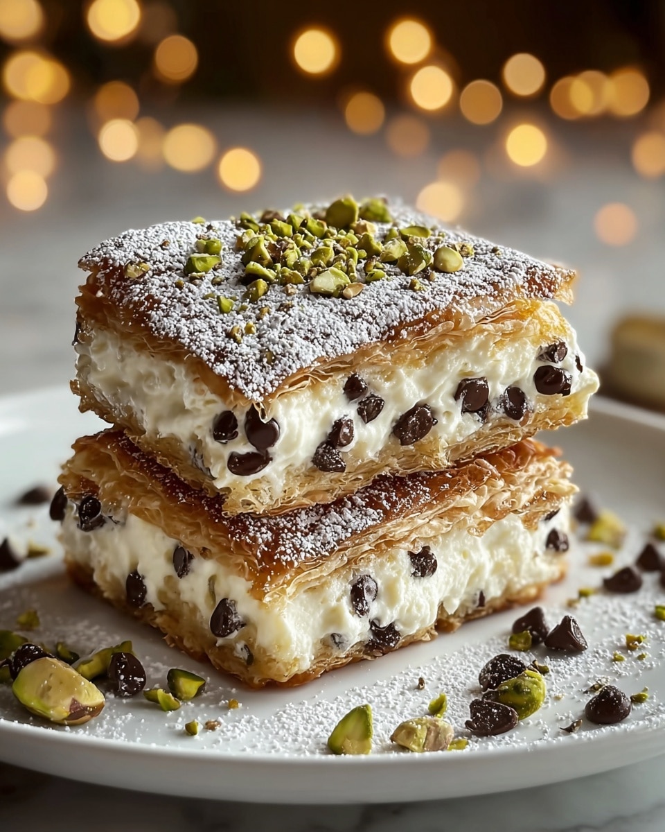 The image shows two square layers of golden-brown crispy pastry stacked on a white plate, separated and filled with a thick layer of creamy white ricotta mixed with small dark chocolate chips. The top pastry layer is dusted with powdered sugar and decorated with scattered chocolate chips and green pistachio pieces. More chocolate chips and pistachio nuts are placed around the base of the dessert on the plate, all set against a white marbled surface with warm blurred lights in the background. photo taken with an iphone --ar 4:5 --v 7