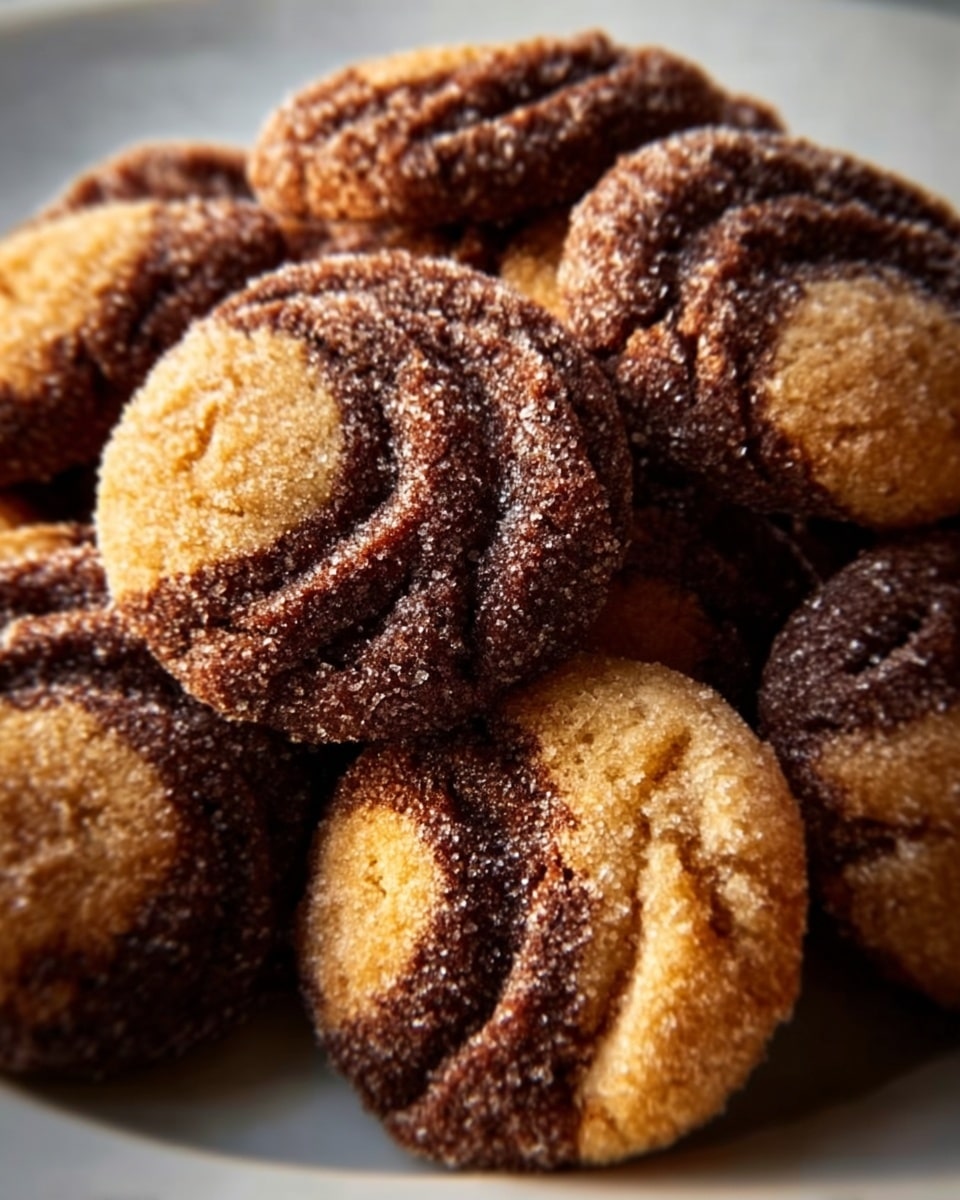 The image shows a close-up of a pile of round cookies with dark brown and lighter brown swirled patterns on their surface. Each cookie has a textured, sugar-coated look with a slightly cracked top, giving them a crunchy appearance. The cookies are stacked closely together on a white plate set on a white marbled surface. The lighting highlights the sugar crystals and the depth of the swirls, making the cookies look soft inside and crunchy outside. Photo taken with an iphone --ar 4:5 --v 7