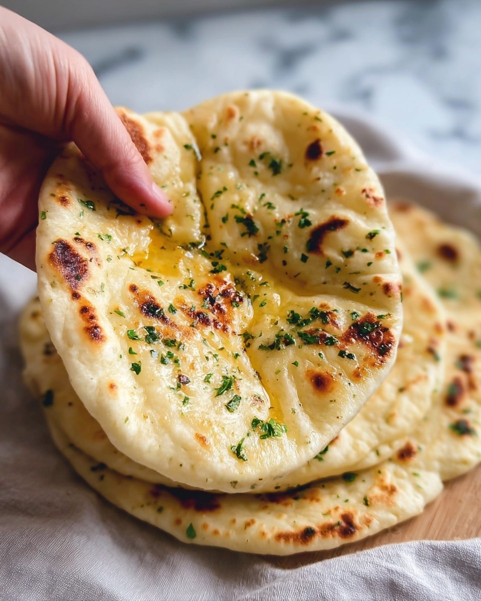 A close-up of a soft naan bread being held gently by a woman's hand, showing its light golden color with charred spots and a fluffy, slightly uneven texture. Small bits of chopped green herbs are scattered on top, along with melted butter giving it a shiny surface, and tiny red chili flakes add specks of color. The bread looks warm and fresh, resting on a plain wooden surface with another naan partially visible in the background. Photo taken with an iphone --ar 4:5 --v 7