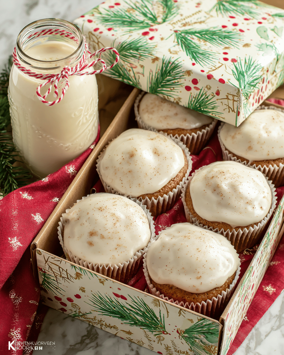 The image shows six round cupcakes arranged in two rows inside a festive gift box lined with a red, green, and white patterned cloth. Each cupcake is covered with a smooth, creamy white icing that has a slightly glossy texture and is sprinkled lightly with brown specks, possibly spice. The cupcakes are wrapped in white paper liners with gold lettering. Behind the cupcakes, there is a small glass jar filled with a similar white creamy substance, tied with a red and white striped string around the neck. The gift box itself features a holiday design with green pine branches and gold accents. The whole scene rests on a white marbled surface. photo taken with an iphone --ar 4:5 --v 7