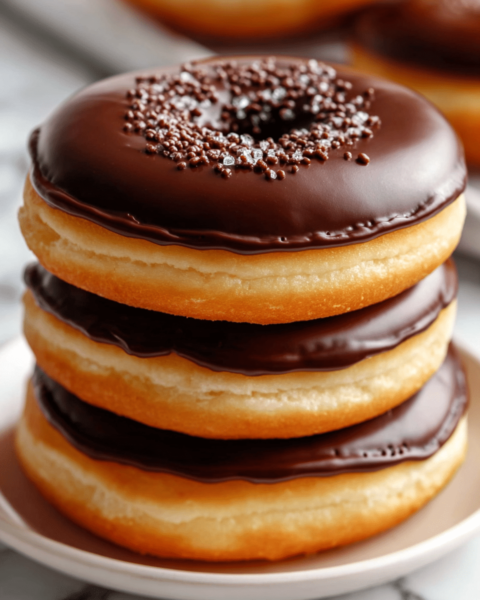 A stack of three round donuts with a smooth, shiny dark chocolate glaze covering the top of each. The donuts have a light golden-brown color with a soft, fluffy texture visible on the sides. The top donut has small chocolate sprinkles or crumbs sprinkled in the center of the glaze, adding some texture and detail. The stack sits on a white plate with a white marbled surface underneath. photo taken with an iphone --ar 4:5 --v 7