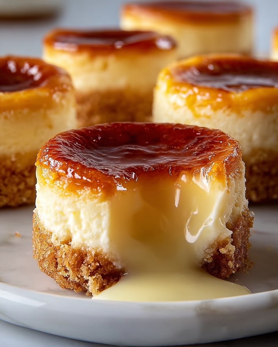 The image shows a close-up of a small, round cheesecake with three distinct layers placed on a white plate with a white marbled texture surface. The bottom layer is a crumbly, golden-brown crust, rough in texture. The middle layer is thick, smooth, and creamy, pale yellow in color, oozing slightly at the edges indicating softness. The top layer is a shiny, caramelized glaze, rich amber and dark brown in color, glossy and slightly uneven. The cheesecake has a bite taken out, revealing the soft inside and some creamy liquid flowing out onto the plate. In the background, there are three more cheesecakes slightly out of focus, showing the same layers and textures. Photo taken with an iphone --ar 4:5 --v 7