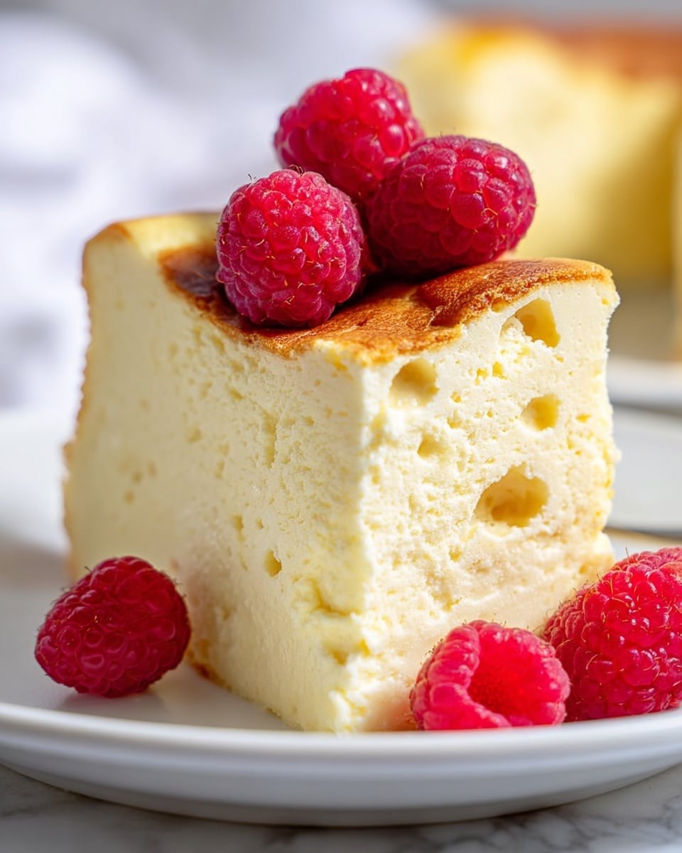 A close-up of a thick, creamy slice of light yellow cheesecake with a slightly browned top layer, sitting on a white plate. Four bright red raspberries rest on top of the cheesecake, while a few more raspberries are scattered on the plate in front of it. The cheesecake has a smooth, dense texture with a few small holes visible inside. The scene is set against a soft, white marbled background. photo taken with an iphone --ar 4:5 --v 7