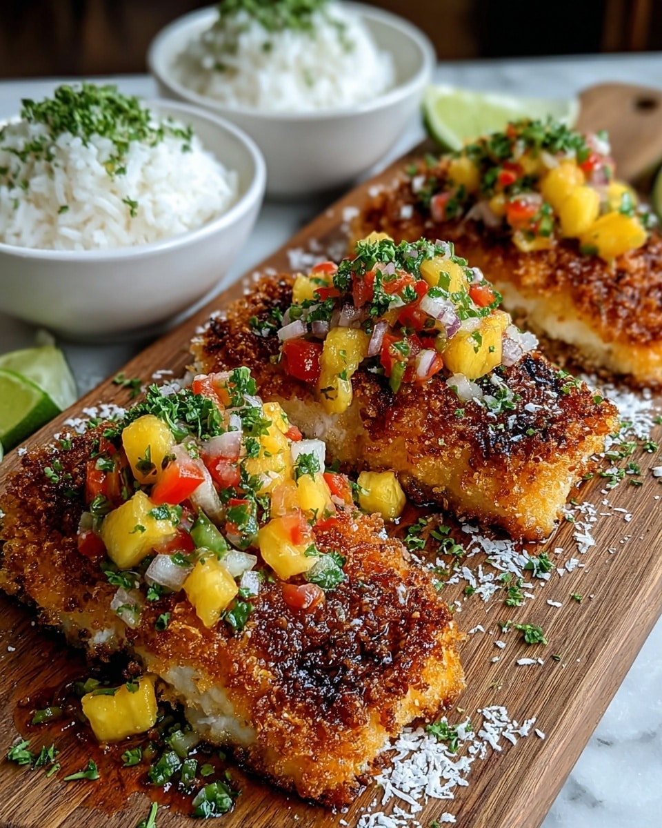 Three thick pieces of crispy golden brown fish sit side by side on a wooden board. Each piece has a crunchy crust with a slightly rough texture, topped with a colorful mix of diced yellow pineapple, red bell pepper, finely chopped onions, and green herbs, adding fresh color and brightness. Sprinkles of shredded white coconut and small green herb bits are scattered on and around the fish. In the background, two small white bowls filled with white rice sit on a white marbled surface, hinting at a complete meal. photo taken with an iphone --ar 4:5 --v 7