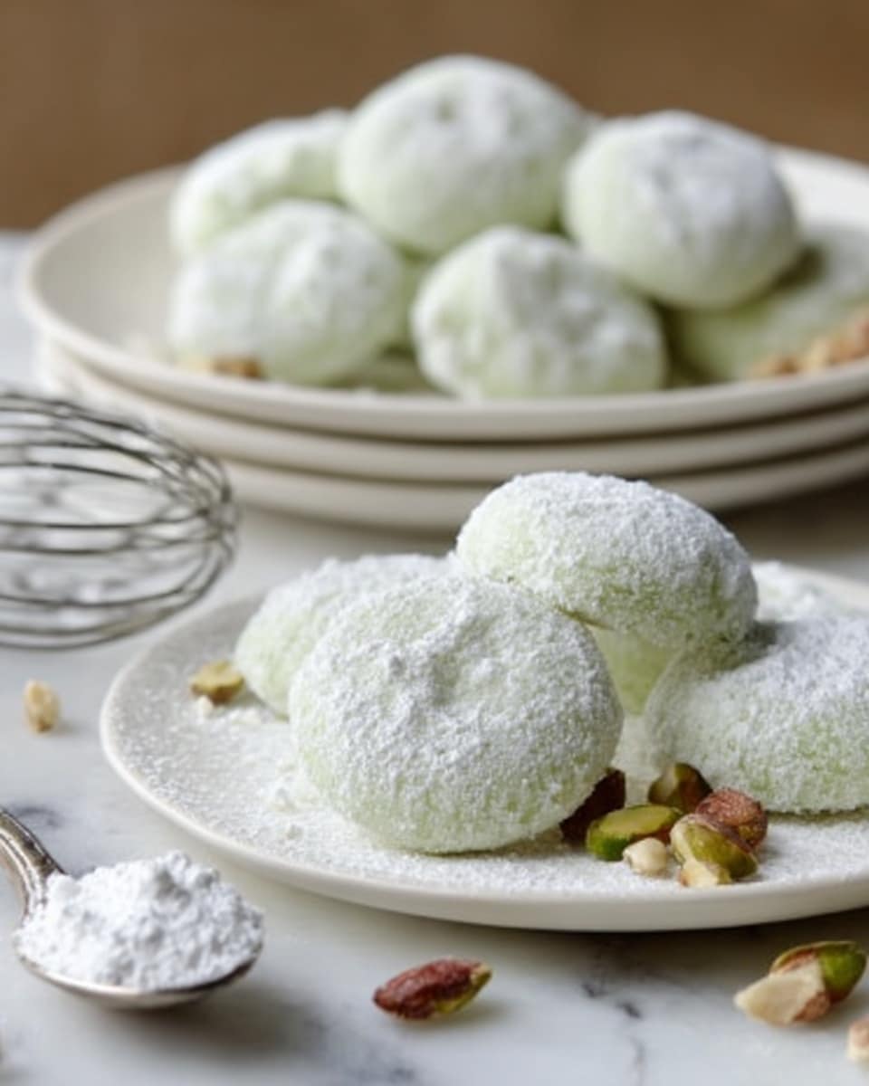 The image shows round, soft green mochi balls topped with white powdered sugar, resting on a white marbled surface dusted with more powdered sugar. In the front, three mochi pieces are close together, showing their smooth, slightly sticky texture with a light green color. Behind them is a white plate filled with more mochi balls, slightly blurred to keep the focus on the front. To the right side, there is a small scoop holding white powdered sugar with a few pistachio nuts nearby, adding a touch of color with their light green and brown scheme. A silver whisk is partially shown on the left side, all set against a clean, white marbled background. Photo taken with an iphone --ar 4:5 --v 7