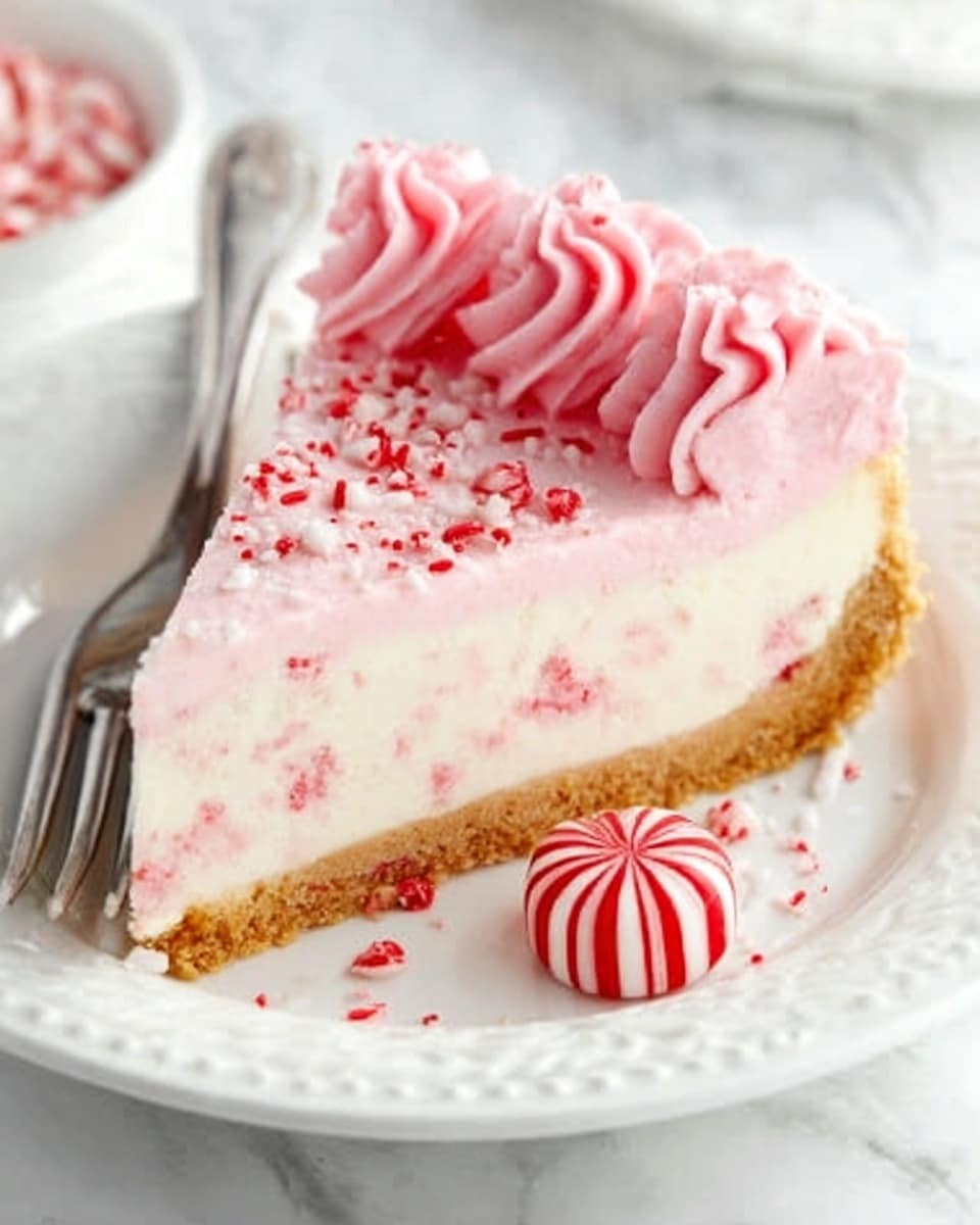The image shows a single slice of creamy pink and white cheesecake with small red specks inside, resting on a white plate with delicate cut-out edges. The cheesecake has two visible layers: a smooth, pale pink top layer with swirled pink frosting on the edge, and a light golden brown crust at the bottom. Small red candy pieces are sprinkled over the frosting and plate, with a peppermint candy placed next to the slice. A silver fork lies beside the cheesecake on the white marbled surface. The photo taken with an iphone --ar 4:5 --v 7