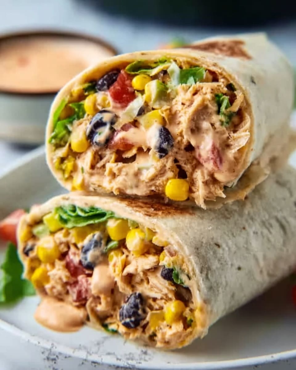 The image shows a close-up of two wraps stacked on each other, cut in half to reveal their colorful filling. Each wrap has a soft, light beige tortilla holding several layers inside: bright yellow corn kernels, black beans, shredded tan chicken, red diced tomatoes, and green leafy lettuce, all mixed with a creamy pale orange sauce. The texture of the filling looks juicy and fresh, and the edges of the wrap are slightly folded. The background is a white marbled surface with a small bowl of light brown sauce slightly blurred. A woman's hand is gently holding the top wrap. Photo taken with an iphone --ar 4:5 --v 7