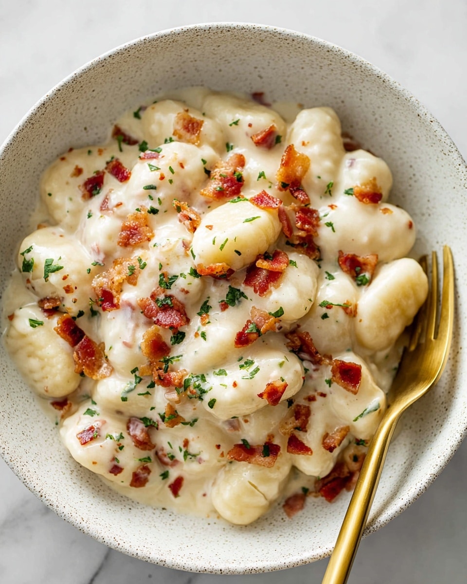 A close-up of a white bowl filled with creamy gnocchi coated in a thick, smooth white sauce, with small pieces of crispy red bacon scattered throughout. The gnocchi are plump and tender, with a soft, light yellow color, while the sauce has a rich, slightly glossy texture. Small green parsley flakes are sprinkled on top, adding color contrast along with black pepper specks. A gold fork is placed on the side, resting on the bowl’s edge. The bowl sits on a white marbled surface. photo taken with an iphone --ar 4:5 --v 7