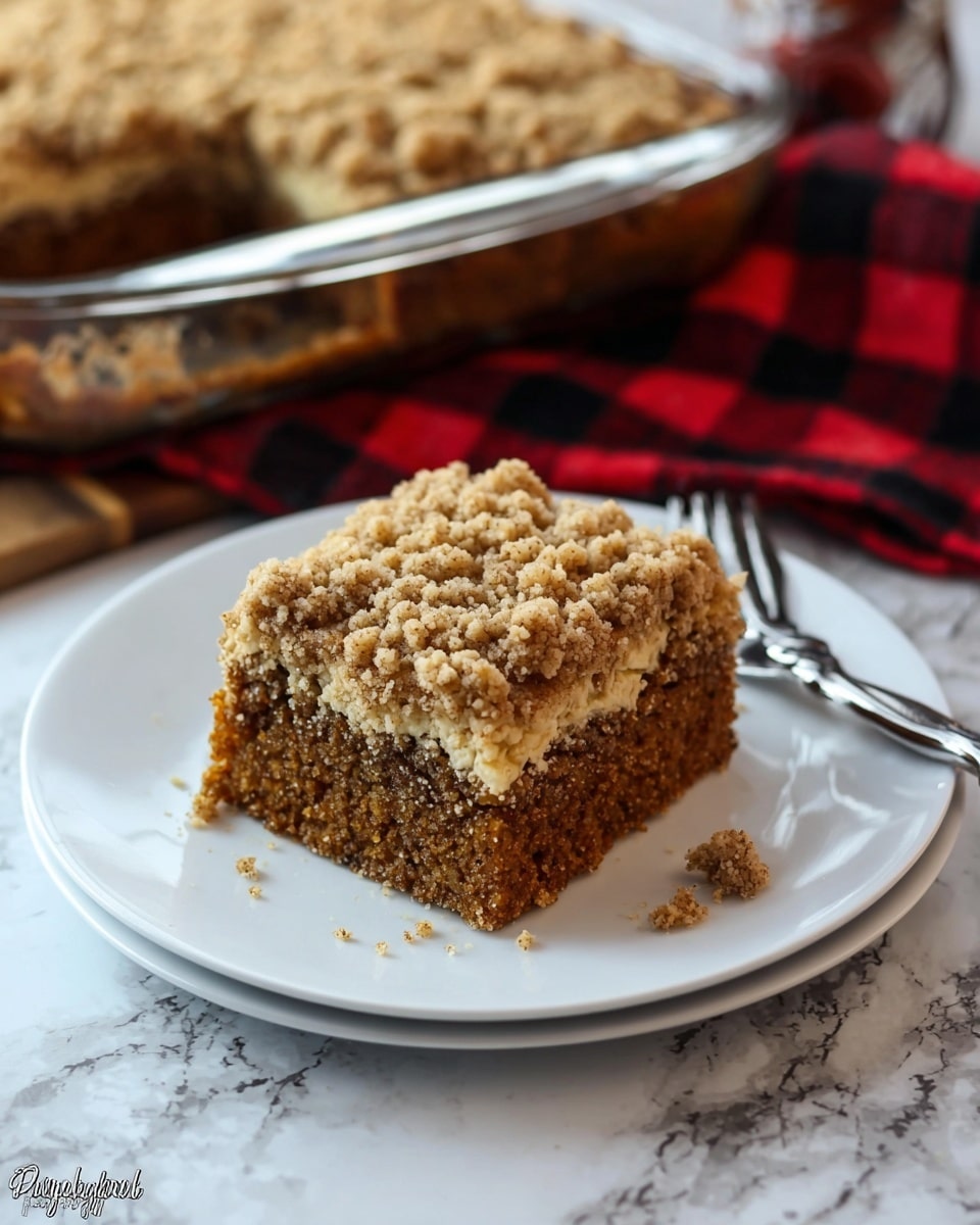 A single square piece of coffee cake sits on a white plate. The cake has two layers: the bottom layer is a soft, light brown texture, and the top layer is a crumbly, golden-brown streusel topping with small clumps scattered around. Crumbs are also visible on the plate near the cake. In the background, there is a glass baking dish filled with more coffee cake, slightly blurred. A silver fork rests to the right side of the plate on a white marbled surface. photo taken with an iphone --ar 4:5 --v 7