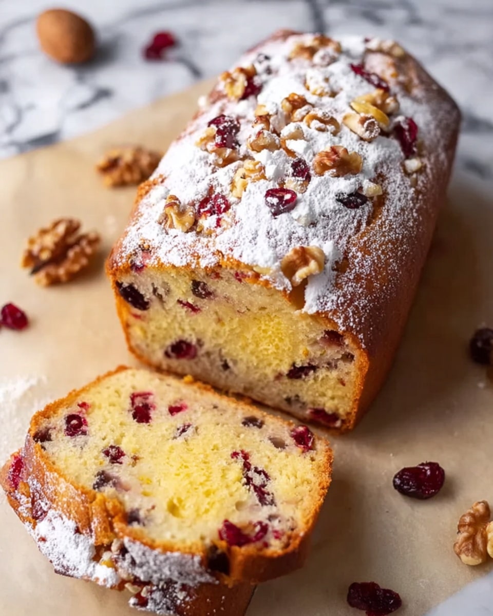 The image shows a loaf cake with a golden brown crust, topped with powdered sugar and scattered pieces of walnuts and dried cranberries. The cake is sliced to reveal a soft, light yellow inside filled with more dried cranberries and nuts spread throughout. The surface appears slightly cracked, adding texture and a homemade feel. Around the loaf, additional walnuts and dried cranberries are placed on a light beige parchment paper that rests on a white marbled surface. Photo taken with an iphone --ar 4:5 --v 7
