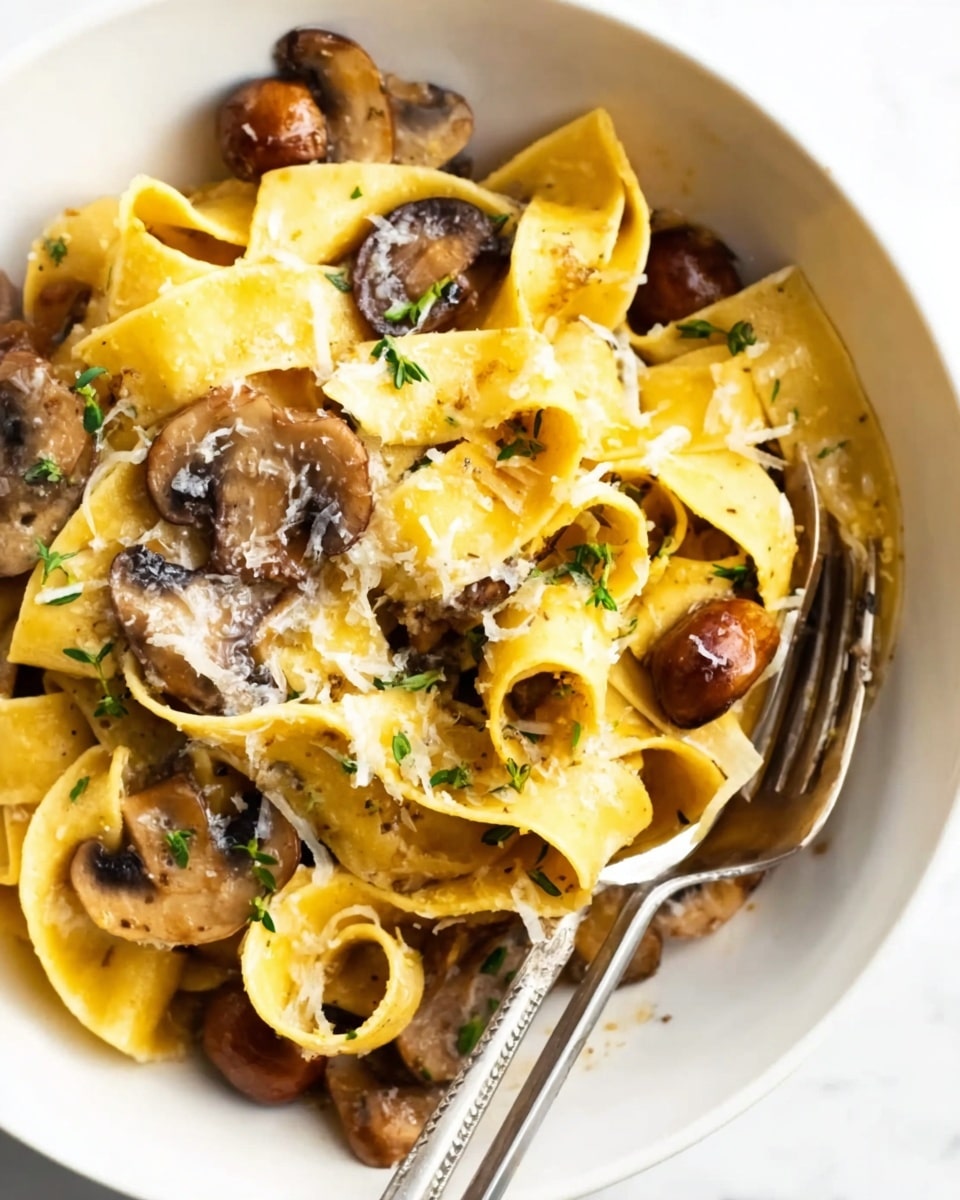 A close-up of wide, flat pasta ribbons piled in a white bowl, mixed with whole and halved brown mushrooms scattered throughout. The pasta is a warm yellow color with a smooth, slightly glossy texture. There is a sprinkle of grated cheese and small green herbs on top, adding white and green contrast. A spoon and a fork are placed inside the bowl, resting on the pasta. The background is a white marbled texture. Photo taken with an iphone --ar 4:5 --v 7