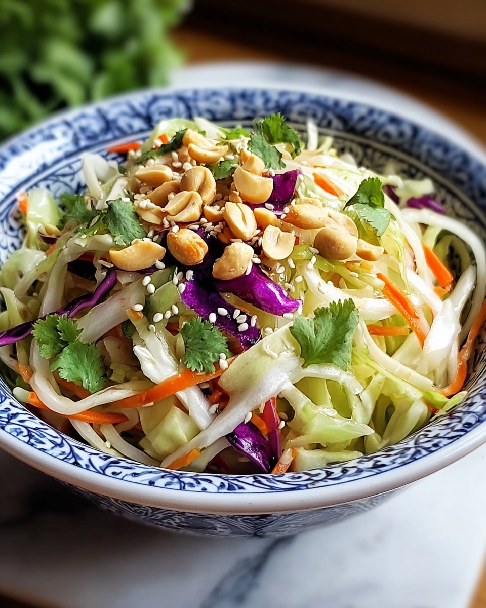 The image shows a bowl of fresh cabbage salad with visible layers starting from thin white and light green cabbage strips forming the base. Mixed in are small pieces of bright orange carrot strips and purple cabbage bits adding color contrast. On top, there are scattered green cilantro leaves and light brown peanuts, along with white sesame seeds sprinkled all over. The salad is in a white bowl decorated with blue patterns around its edge, placed on a white marbled surface. Photo taken with an iphone --ar 4:5 --v 7