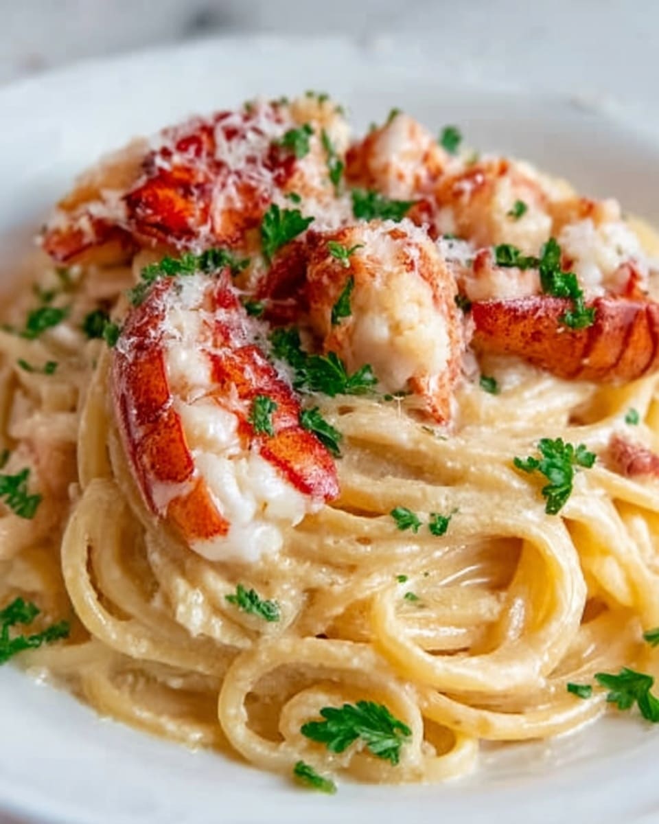A close-up of creamy spaghetti pasta served on a white plate, layered with thick, smooth sauce that coats the noodles evenly. On top, there are several large pieces of lobster claw and tail meat with a bright red and white color and a slightly glossy texture. Fresh green parsley leaves are sprinkled over the dish, adding a touch of color contrast. The dish sits on a white marbled surface. Photo taken with an iphone --ar 4:5 --v 7