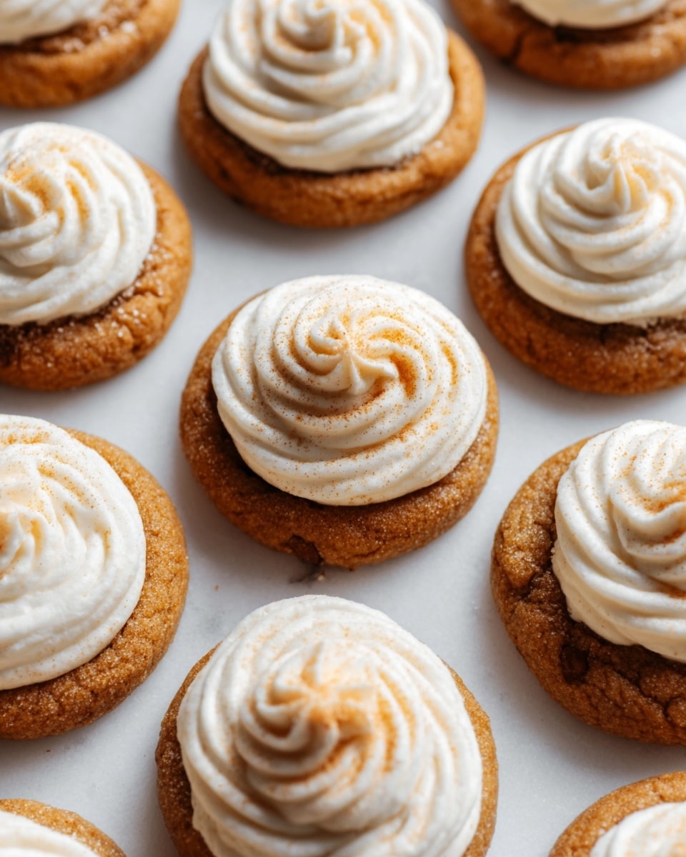 The image shows many round cookies placed closely on a white marbled surface. Each cookie has a soft brown base that looks slightly crumbly, topped with a thick layer of swirled white cream in the center. The creamy swirl has a smooth, fluffy texture with gentle peaks, and some cookies have a small dusting of light orange powder on top of the cream. The cookies form a neat pattern, filling the scene with warm and inviting colors. photo taken with an iphone --ar 4:5 --v 7