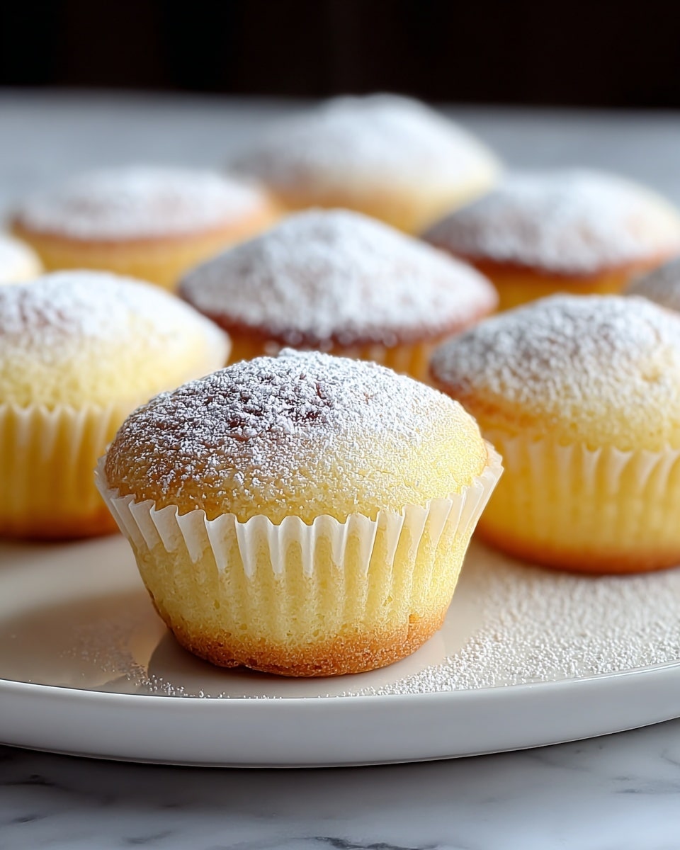 A close-up view of a group of soft, pale yellow cupcakes arranged on a white plate with a smooth surface. Each cupcake has a slightly domed top with a gradient from a light golden-brown edge to a dusting of white powdered sugar covering the entire top surface. The cupcake wrappers are white and crisp with vertical ridges visible. The background is softly blurred, showing more cupcakes in similar colors, all placed on a white marbled texture surface. photo taken with an iphone --ar 4:5 --v 7