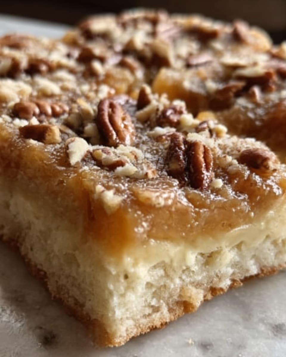 The image shows a close-up of a square piece of cake with two layers. The bottom layer is soft and light yellow, looking fluffy. The top layer is thick, sticky, and has a rich brown color with a rough texture made of chopped pecans and a glossy syrup covering them. The nuts are spread evenly over the surface, giving a crunchy look on top of the soft layer. The photo is taken on a white marbled surface. Photo taken with an iphone --ar 4:5 --v 7