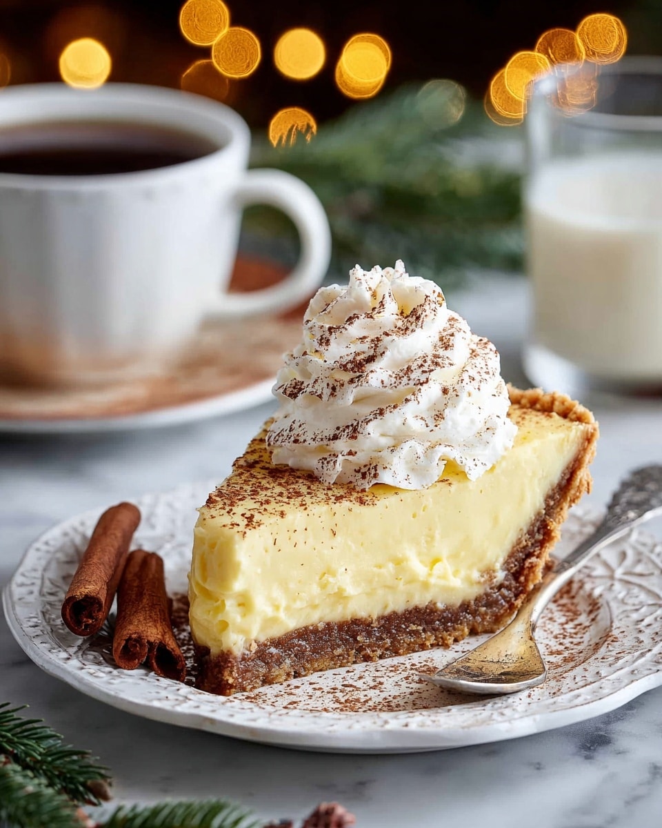 A slice of pie with three clear layers sits centered on a white plate with subtle rim details. The bottom layer is a thick, crumbly brown crust. Above it is a creamy, pale yellow filling that looks smooth and dense. The top layer is a fluffy mound of white whipped cream, piped in swirls and sprinkled evenly with brown cinnamon powder. Two cinnamon sticks rest beside the pie slice on the plate. In the blurred background, there is a white cup of coffee, a glass of milk, some pine cones, red berries, and green pine branches, all placed on a white marbled surface. The light is warm and soft, giving a cozy feeling. Photo taken with an iphone --ar 4:5 --v 7