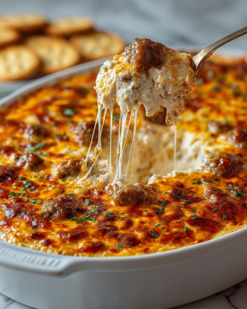 The image shows a white round dish filled with a creamy layered dip, topped with a golden-brown melted cheese layer with browned spots scattered across. The top layer also has small cooked ground meat pieces and a sprinkling of green herbs. A spoon is lifting a spoonful from the dish, showing three visible layers: the top browned cheese and meat layer, a thick creamy white layer beneath, and another creamy layer with small meat bits. The dip looks rich and cheesy with some stretch of melted cheese hanging from the spoon. The white dish sits on a white marbled texture, and in the background, blurred round crackers can be seen. Photo taken with an iphone --ar 4:5 --v 7
