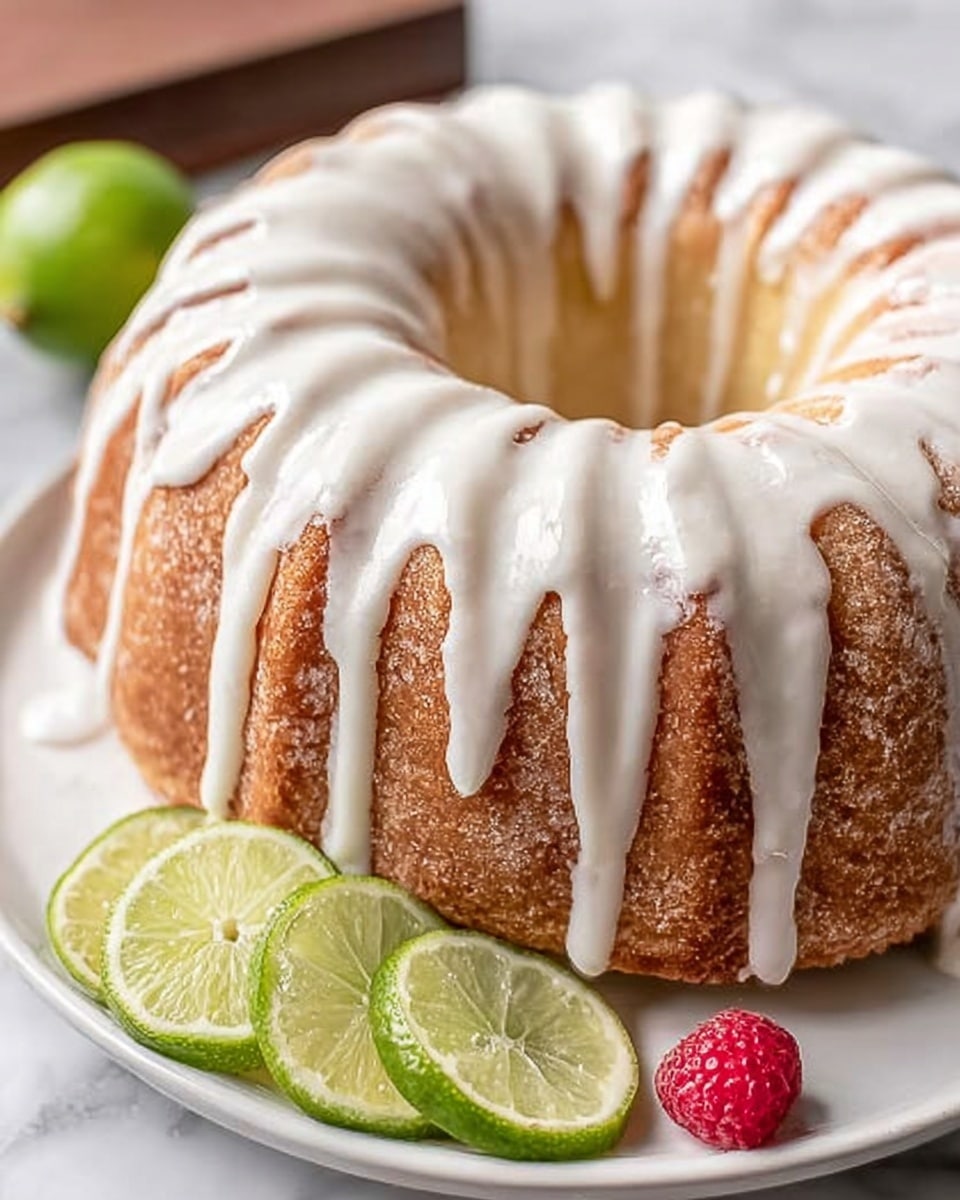A round bundt cake with one layer is shown, the cake is golden brown and has smooth white icing drizzled over the top and dripping down the sides in thin lines. The cake sits on a white plate. Next to the cake on the plate are two lime halves, bright green inside with a fresh texture, and a single red raspberry with small seeds. The background is a white marbled surface. photo taken with an iphone --ar 4:5 --v 7