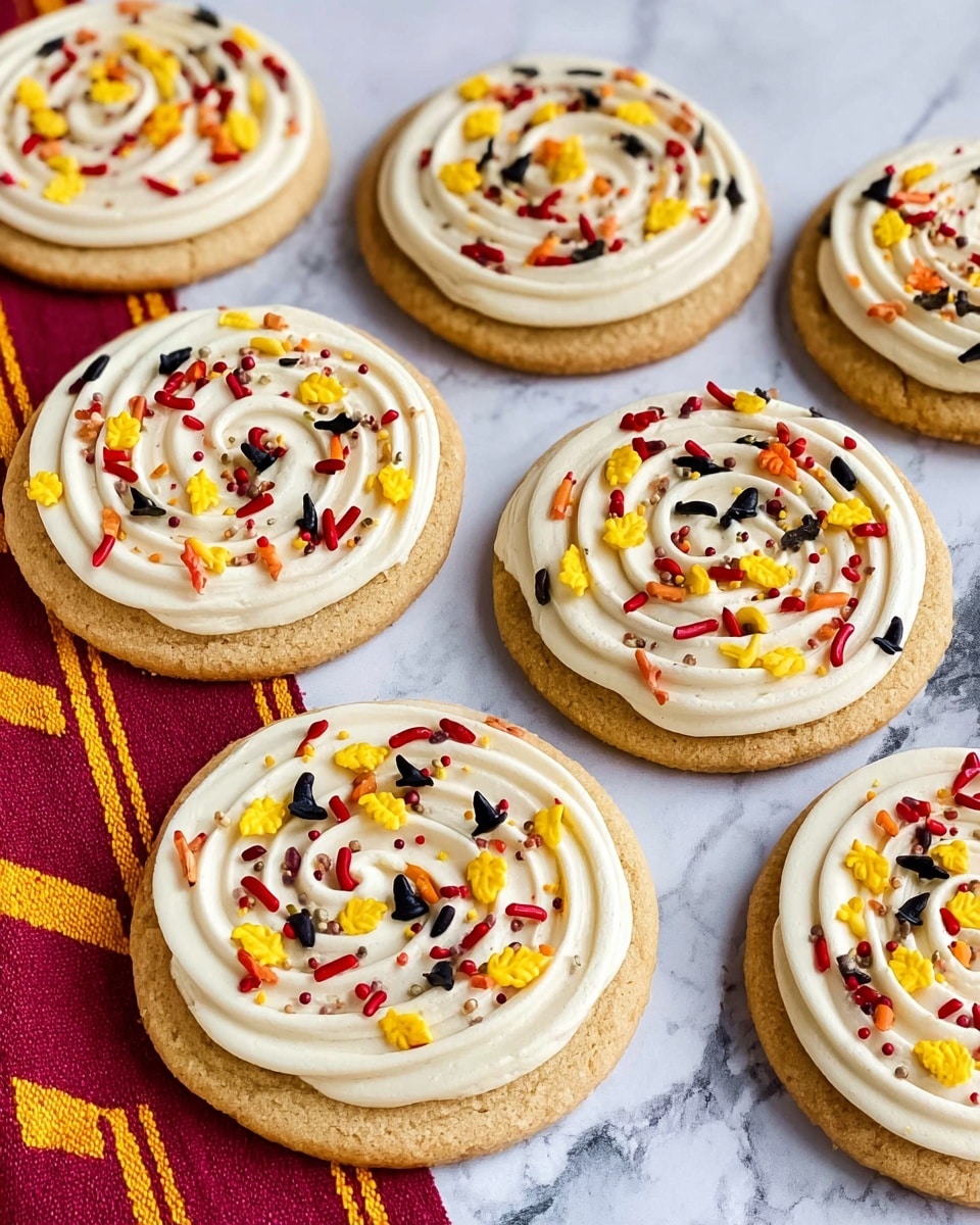 The image shows six large round cookies placed on a white marbled texture. Each cookie has one thick base layer in light brown with a slightly rough texture. On top, there is a single spiral layer of smooth, creamy white frosting covering the entire surface. The frosting is decorated with colorful sprinkles including small red, yellow, orange, and pink shapes, as well as tiny black triangular pieces scattered evenly. Some cookies rest on a red fabric with vertical gold stripes running through it. The cookies are closely arranged, showing their detailed texture and vibrant decorations. photo taken with an iphone --ar 4:5 --v 7