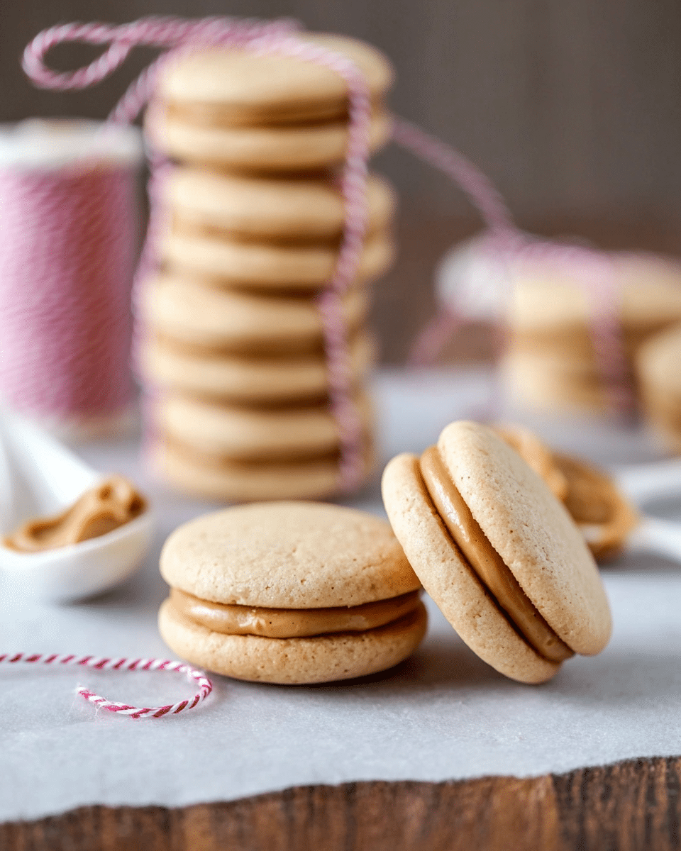 Two sandwich cookies are in the front on a white marbled surface. Each cookie has two smooth round light beige cookie layers with a thick, smooth, light brown peanut butter cream layer in the middle. Behind these cookies, there is a stacked pile of six similar cookies tied with pink and white string. In the blurry background, a white spoon with some peanut butter and more cookies are visible. There is a spool of the same pink and white string near the front cookies. photo taken with an iphone --ar 4:5 --v 7