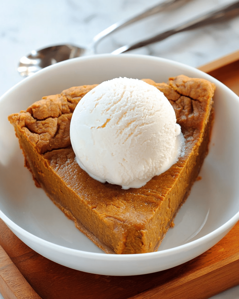 A white bowl contains a single large triangular slice of brown pumpkin pie with a crinkled, slightly rough surface texture. On top of the pie slice sits a perfectly round, smooth scoop of white vanilla ice cream, showing some subtle scoop marks and slight melting along the edges. The bowl is placed on a wooden board with a spoon partially visible in the background, all set against a white marbled texture. photo taken with an iphone --ar 4:5 --v 7
