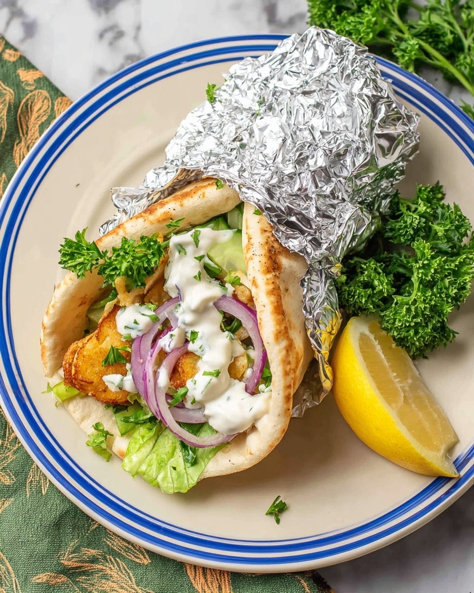 A pita wrap partially covered in shiny aluminum foil sits on a white plate with a blue rim, placed on a white marbled surface. The wrap shows three main layers inside: the bottom layer has fresh, bright green lettuce leaves, the middle layer contains golden-brown falafel balls, and the top layer is a dollop of creamy white sauce. Thin slices of purple onion peek out from beneath the falafel, adding color contrast. On the plate beside the wrap, there is a sprig of curly green parsley and a slice of yellow lemon. Photo taken with an iphone --ar 4:5 --v 7