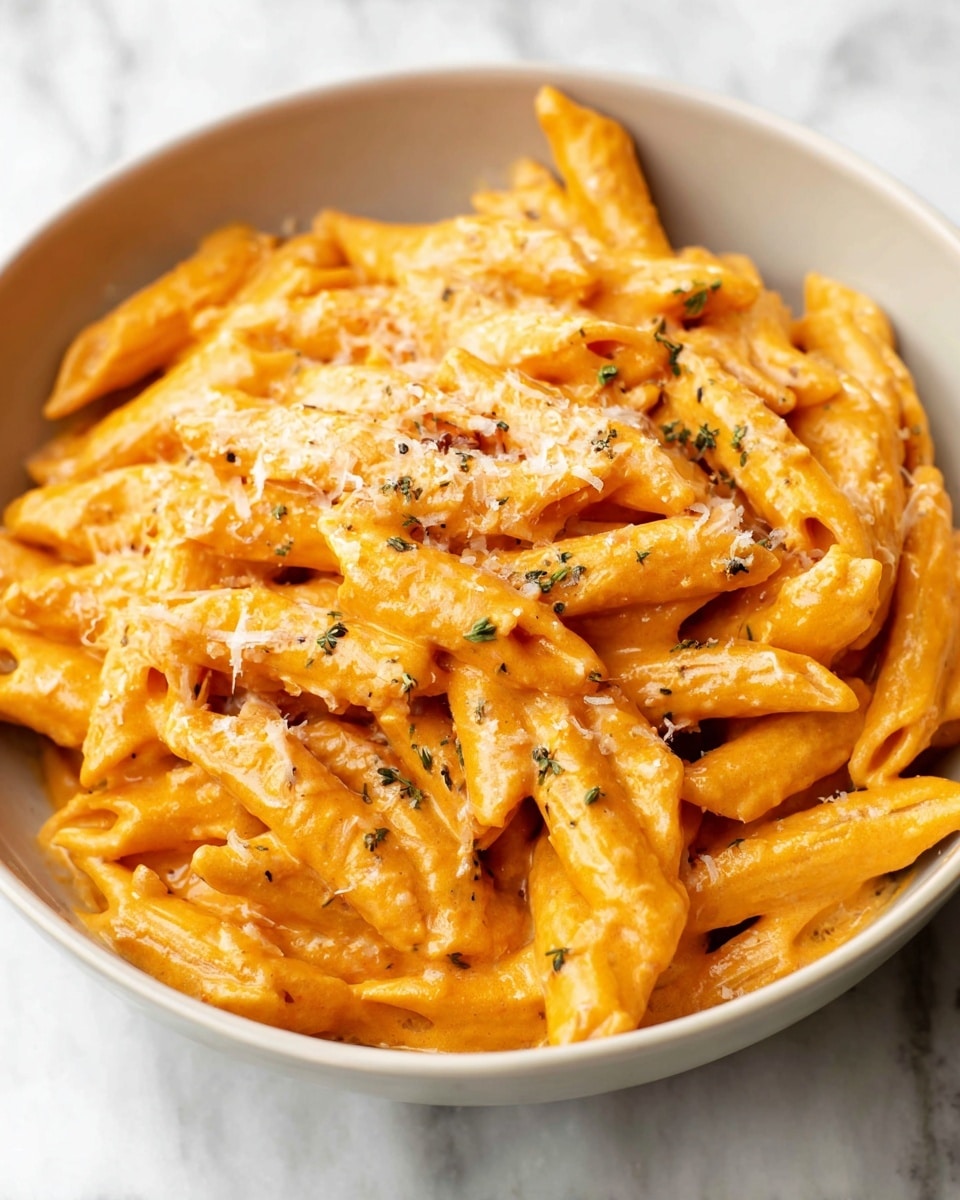 The dish shows a close-up of creamy penne pasta coated in a smooth, rich orange sauce with small green herb bits mixed in, likely basil. The pasta is arranged in a deep white bowl with a light brown rim, and the sauce covers each penne piece well, giving a glossy, thick texture. Small shreds of white cheese are sprinkled on top, adding a light contrast. The bowl is placed on a white marbled surface, enhancing the warm colors of the pasta. photo taken with an iphone --ar 4:5 --v 7