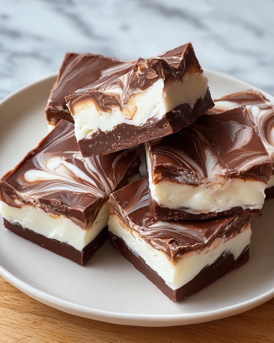 The image shows five pieces of chocolate fudge with a marbled top layer swirled with dark and white chocolate, creating smooth, wavy patterns. Each piece has two distinct layers: the top layer is glossy and smooth with rich, dark brown chocolate, while the bottom layer combines a mix of creamy white and dark chocolate in a thick, soft texture. The fudge pieces have slightly rough edges and are arranged on a white plate with a thin gold rim, which sits on a white marbled surface. The lighting highlights the shiny and smooth surfaces of the fudge, making the swirls stand out. photo taken with an iphone --ar 4:5 --v 7