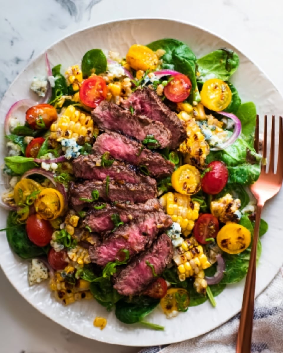 A white plate holds a colorful salad with several layers. The bottom layer is a mix of green leafy vegetables and spinach, topped with slices of grilled corn in bright yellow and cherry tomatoes in red and yellow colors scattered around. In the middle, there are sliced cooked mushrooms with a light brown texture. On top of all this, there are slices of pink grilled steak arranged neatly in the center. The whole dish is sprinkled with small green herbs. The plate is on a white marbled surface with a woman's hand holding a fork and knife to the right side of the plate. Photo taken with an iphone --ar 4:5 --v 7