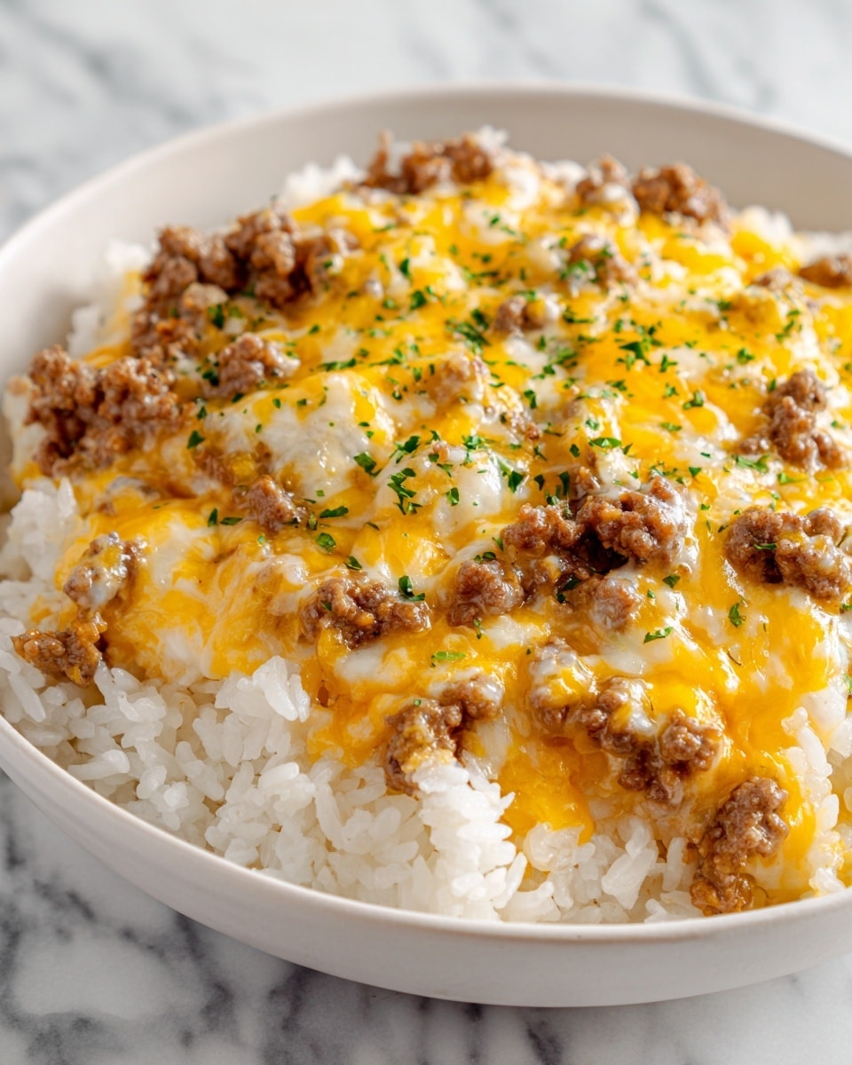 The image shows a close-up view of a baked dish served in a white bowl with a black rim. The bottom layer is creamy cooked rice with a soft texture and pale off-white color. On top of the rice is a generous layer of ground beef pieces, browned and slightly crispy. The top layer is melted cheese in shades of orange and white, spread unevenly and gooey, covering the beef. Small green herb pieces are sprinkled lightly over the cheese for a touch of color. The surface beneath the bowl is a white marbled texture. photo taken with an iphone --ar 4:5 --v 7