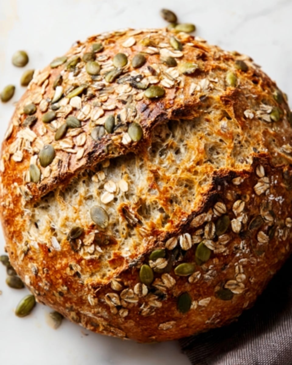 A round loaf of bread with a rough, golden-brown crust sits on white parchment paper. The top is covered with scattered oats and pumpkin seeds, creating a textured and slightly uneven surface. A deep cut runs down the middle of the bread, showing a soft, light interior with a few air holes. The bread looks fresh and crunchy, and the background is a white marbled texture. photo taken with an iphone --ar 4:5 --v 7