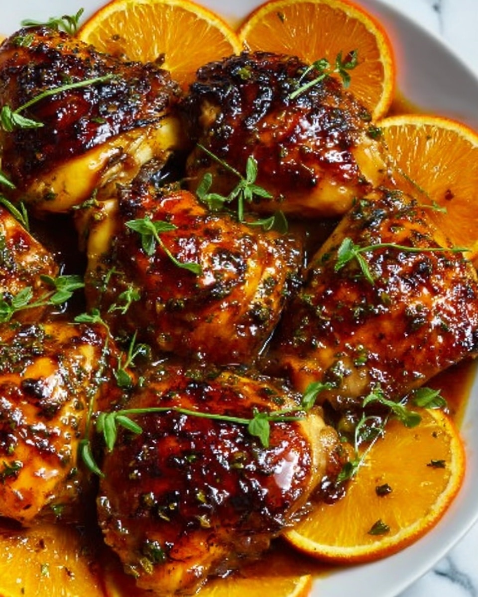 The image shows close-up roasted chicken pieces glazed with a shiny, dark brown sauce and topped with small green herb leaves. Bright orange slices rest on and around the chicken, adding a fresh and colorful contrast. The chicken skin looks crispy and well caramelized, with a slightly textured surface from the sauce. The dish is set against a white marbled background, making the colors of the food stand out. Photo taken with an iphone --ar 4:5 --v 7