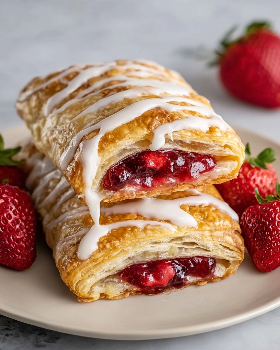 Two stacked pastries are shown on a white plate with a white marbled texture surface. Each pastry has three main layers: a golden-brown flaky puff pastry on top and bottom, and a thick, glossy red strawberry filling in the middle. The top pastry is drizzled with smooth white icing in stripes, some dripping down the sides and pooling slightly on the plate. Fresh strawberries with bright red skin and green leaves are placed around the pastries. Photo taken with an iphone --ar 4:5 --v 7