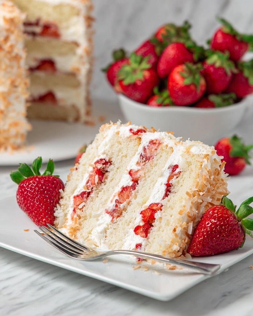 A slice of three-layer white cake sits on a white plate, with each soft, fluffy layer separated by white cream and bright red strawberry pieces. The outside edges of the cake are covered in lightly toasted shredded coconut, giving a textured golden and white look. Some fresh whole strawberries are placed around the plate and in a white bowl nearby, all set on a white marbled surface. A silver fork lies beside the plate while another white plate with a similar cake slice and strawberries can be seen blurred in the background. Photo taken with an iphone --ar 4:5 --v 7
