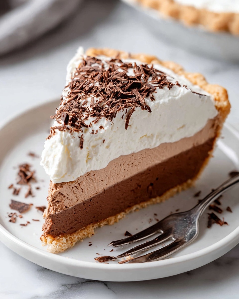 A slice of pie with three main layers sits on a white plate on a white marbled surface; the bottom layer is a light, golden, flaky crust, the middle layer is thick and smooth chocolate filling with a rich brown color, and the top layer is a thick, fluffy white whipped cream topped with dark chocolate shavings scattered both on the cream and on the plate around it. A silver fork is placed next to the pie slice, and part of a white plate is visible in the background. photo taken with an iphone --ar 4:5 --v 7