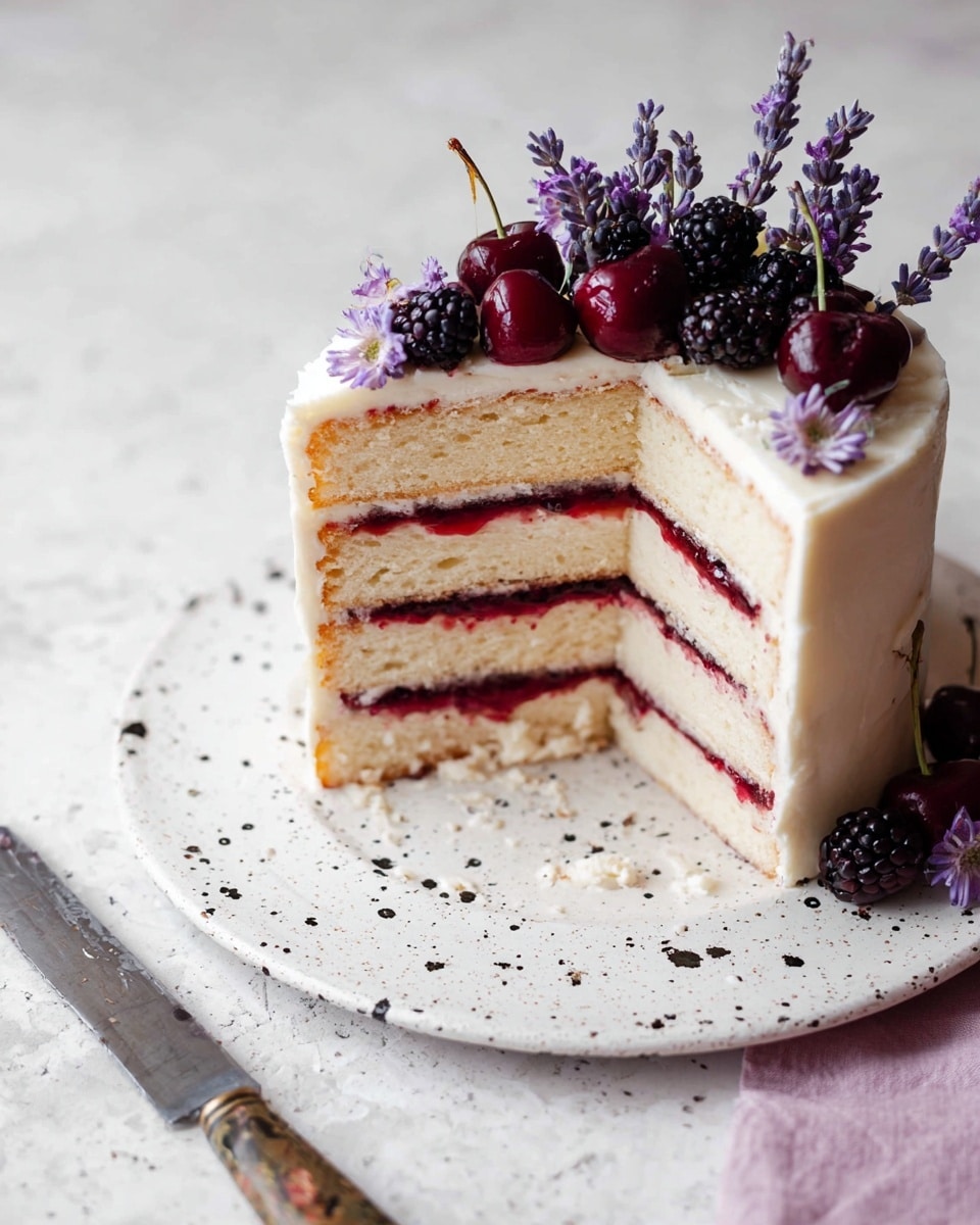A tall round cake with four layers of light beige sponge separated by thin, bright red jelly-like filling, all coated with smooth off-white frosting on the sides and top. The top of the cake is decorated with shiny dark red cherries with stems, small black blackberries, and several purple lavender sprigs arranged in small bunches. The cake sits on a white speckled plate, placed on a white marbled surface next to a knife with some cake crumbs around. Photo taken with an iphone --ar 4:5 --v 7