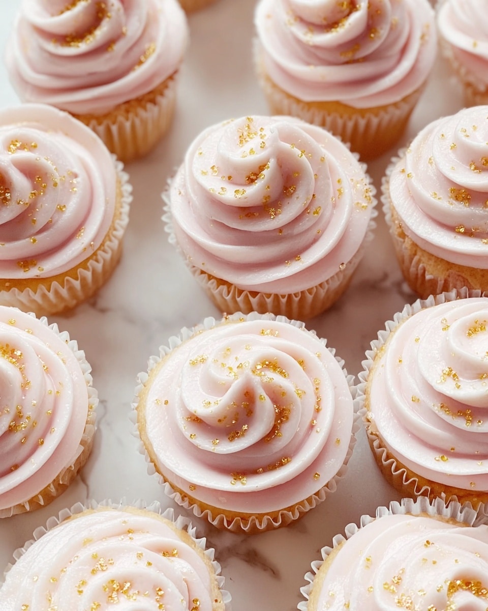 The image shows a close-up of a group of cupcakes arranged tightly together on a white plate. Each cupcake has a light pink base with a smooth, thick layer of pale pink frosting swirled on top in a spiral pattern, creating three visible layers in the swirl. The frosting is decorated with small, shiny golden sugar crystals scattered evenly across the surface. The white cupcake liners gently wrap around the base, adding contrast and texture. The background is a white marbled texture. photo taken with an iphone --ar 4:5 --v 7