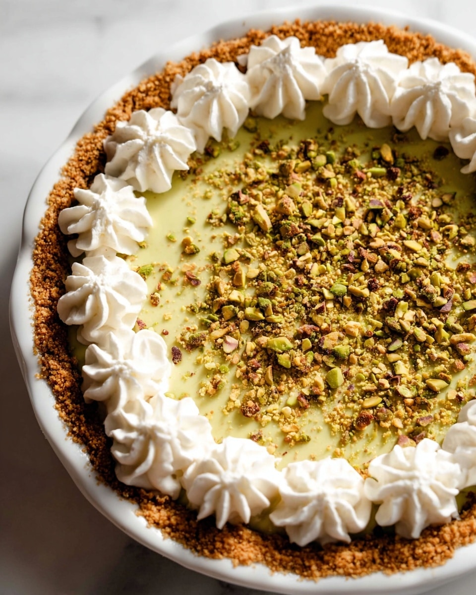This image shows a close-up of a pie with three main layers. The bottom layer is a golden-brown crust with a crumbly texture that fills the base and edges of a white plate. The middle layer is a smooth filling covered with crushed pistachios, adding a mix of green and light brown spots all over. The top layer is made up of white whipped cream dollops evenly spaced around the edge of the pie, each with a soft and fluffy texture. The pie is set on a white marbled surface. photo taken with an iphone --ar 4:5 --v 7