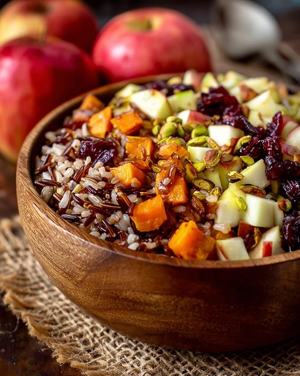A close-up shot of a wooden bowl filled with a mixed grain salad, showing at least three layers: the bottom layer is a bed of cooked brown wild rice with a slightly glossy, textured appearance; the middle layer consists of warm golden-brown roasted sweet potato chunks and shredded green brussels sprouts with a light char; the top layer includes bright red chunks of apple, cream-colored almond slices, and deep red dried cranberries, giving a colorful and fresh contrast. The bowl is placed on a white marbled surface with two red apples on the left side and a glass of dark liquid blurred in the background. The overall look is fresh, healthy, and vibrant. Photo taken with an iphone --ar 4:5 --v 7