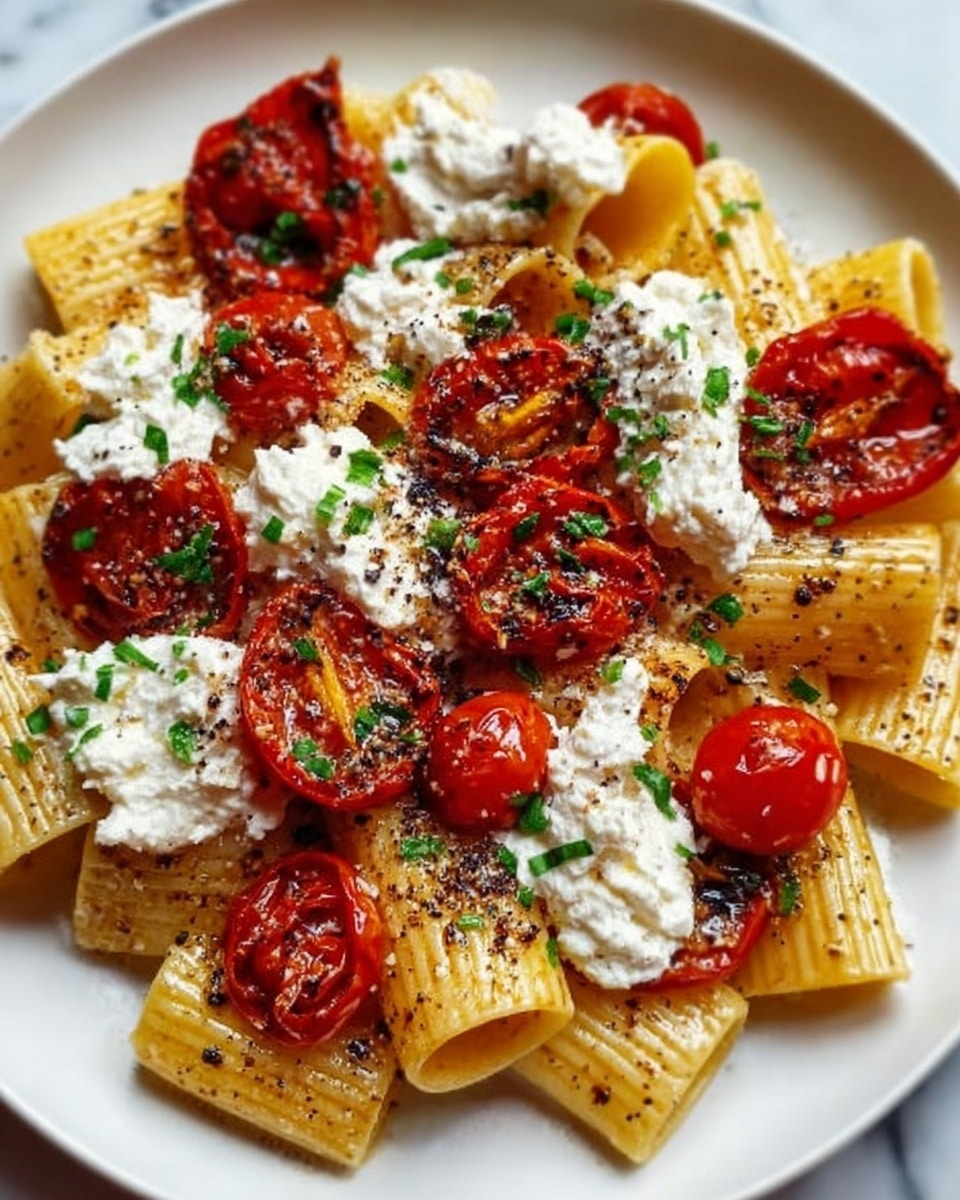 The image shows a plate of rigatoni pasta arranged in a loose pile on a white plate. On top of the pasta are roasted cherry tomatoes, some whole and some halved, with a deep red color and slightly charred edges. Scattered among the tomatoes are dollops of creamy white cheese, likely ricotta, with a soft texture. Finely chopped green herbs are sprinkled over the dish, adding a fresh touch. There is also a light dusting of cracked black pepper and possibly some grated cheese on top. The background is a white marbled texture, and the overall look is fresh and vibrant, with warm colors and textures. Photo taken with an iphone --ar 4:5 --v 7
