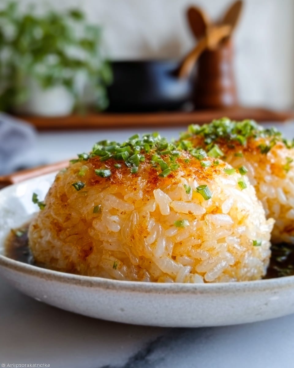 A close-up of a round bowl filled with two thick layers of golden-brown fried rice. The rice has a crispy top layer with small green onion pieces sprinkled on top for color contrast. The bowl is white and sits on a white marbled surface. The background is softly blurred kitchen elements, adding a warm and cozy feel. Photo taken with an iphone --ar 4:5 --v 7