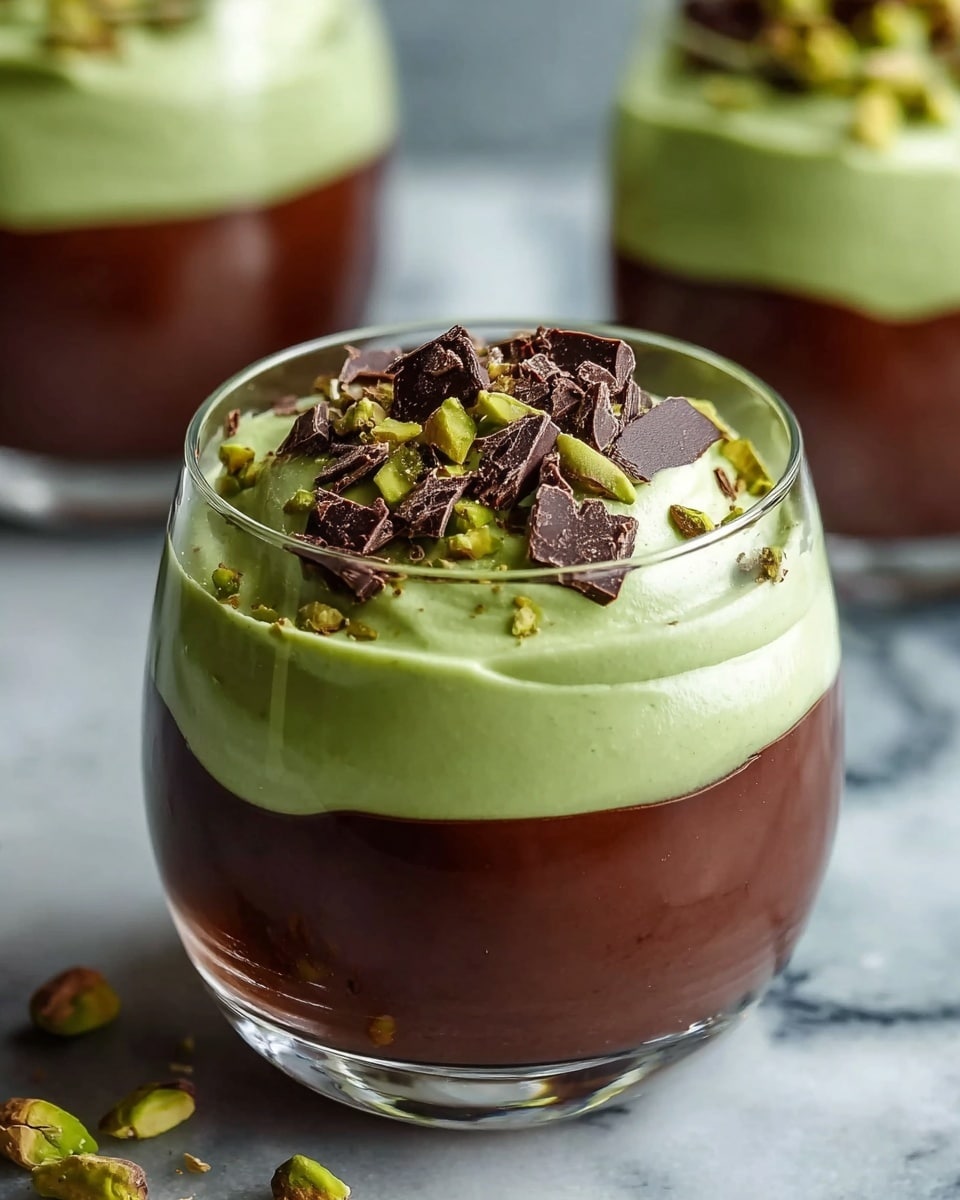 The image shows a clear glass filled with two layers of dessert; the bottom layer is a thick, smooth dark chocolate pudding with a glossy texture, and the top layer is a light green, creamy mousse with a soft, airy texture. On top of the green mousse, there are scattered pieces of dark chocolate chunks and crushed pistachios adding a crunchy texture and contrasting colors. The glass is placed on a surface with a white marbled texture, and two similar glasses are blurred in the background. The lighting highlights the glossy and creamy textures of the dessert, making it look rich and inviting. Photo taken with an iphone --ar 4:5 --v 7