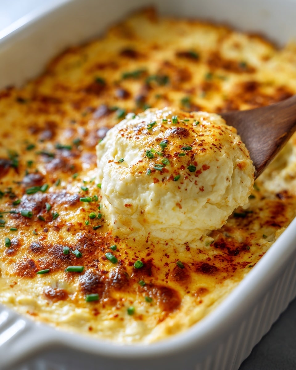 A white casserole dish filled with a creamy baked dip that has a golden brown, slightly crispy top layer with small browned spots and a sprinkling of bright green chopped chives. The dip is thick and textured, with a spoon lifting a generous scoop from the center, showing a lumpy, smooth inside speckled with spices and herbs. The top is dusted with a reddish spice that contrasts with the yellowish cream underneath. The dish sits on a white marbled surface, highlighting the warm colors of the dip. photo taken with an iphone --ar 4:5 --v 7